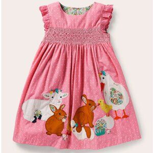 Mini Boden Smocked Applique Dress (Formica Pink Spot Animals) 4-5Y Easter Spring